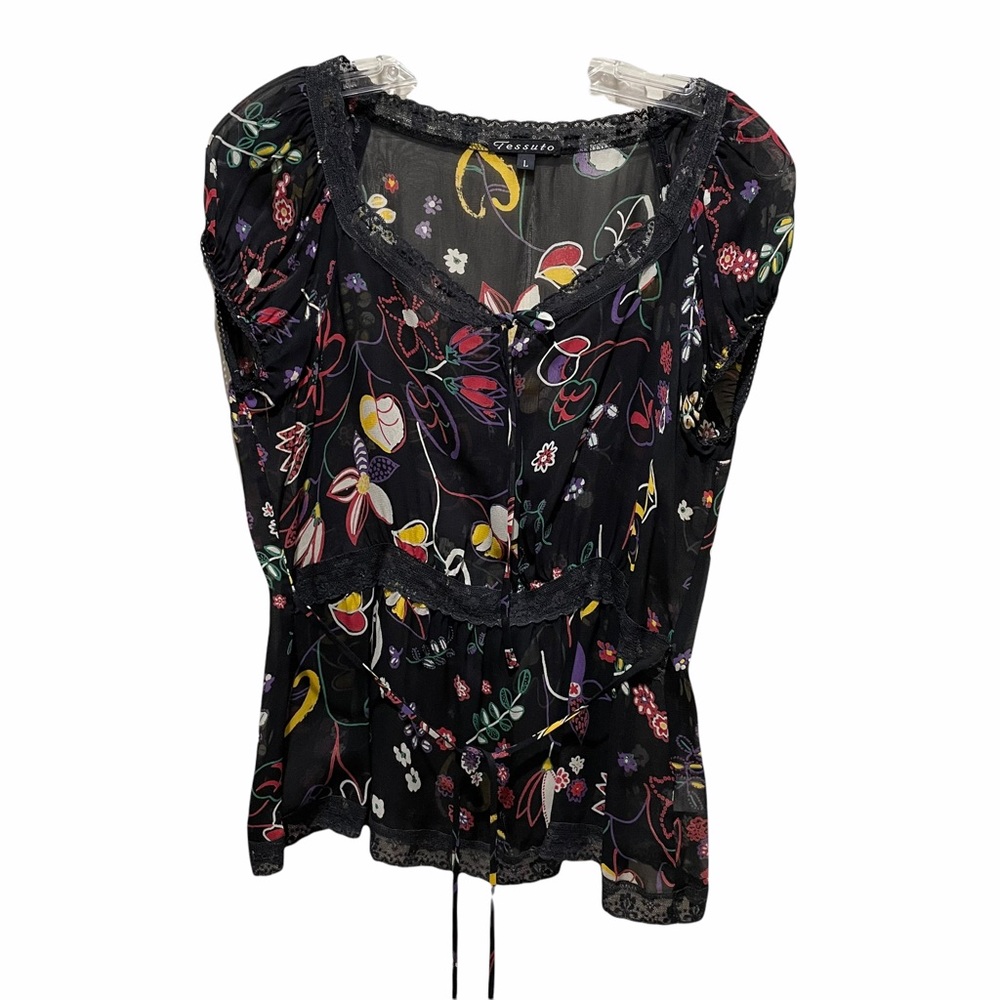 Tessuto Floral Sheer Short Sleeve Blouse Black Size Large
